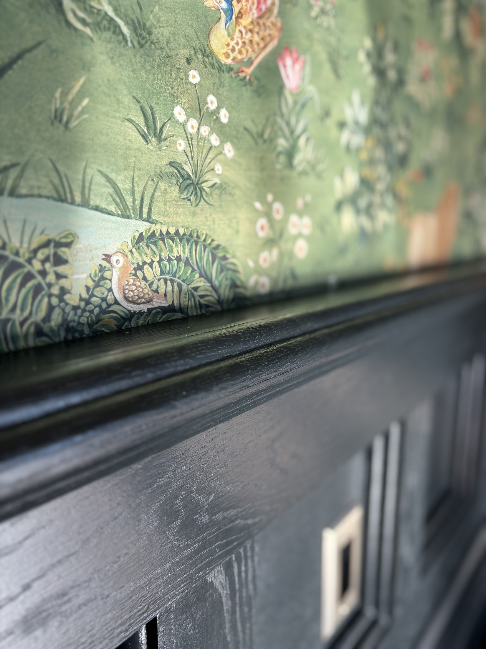 Macro detail of black trim against botanical wallpaper